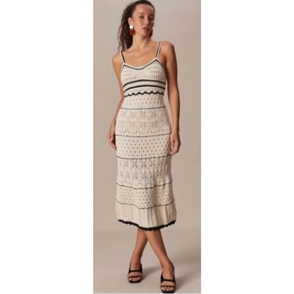 Rihoas The Beige Scalloped Pointelle knit midi dress, size medium, NWT, MSRP $48 - Picture 1 of 16